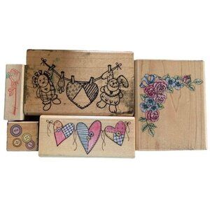 Set Of 5 Wooden Rubber Stamps Hearts Roses & Whimsical Designs Craft Scrapbookin